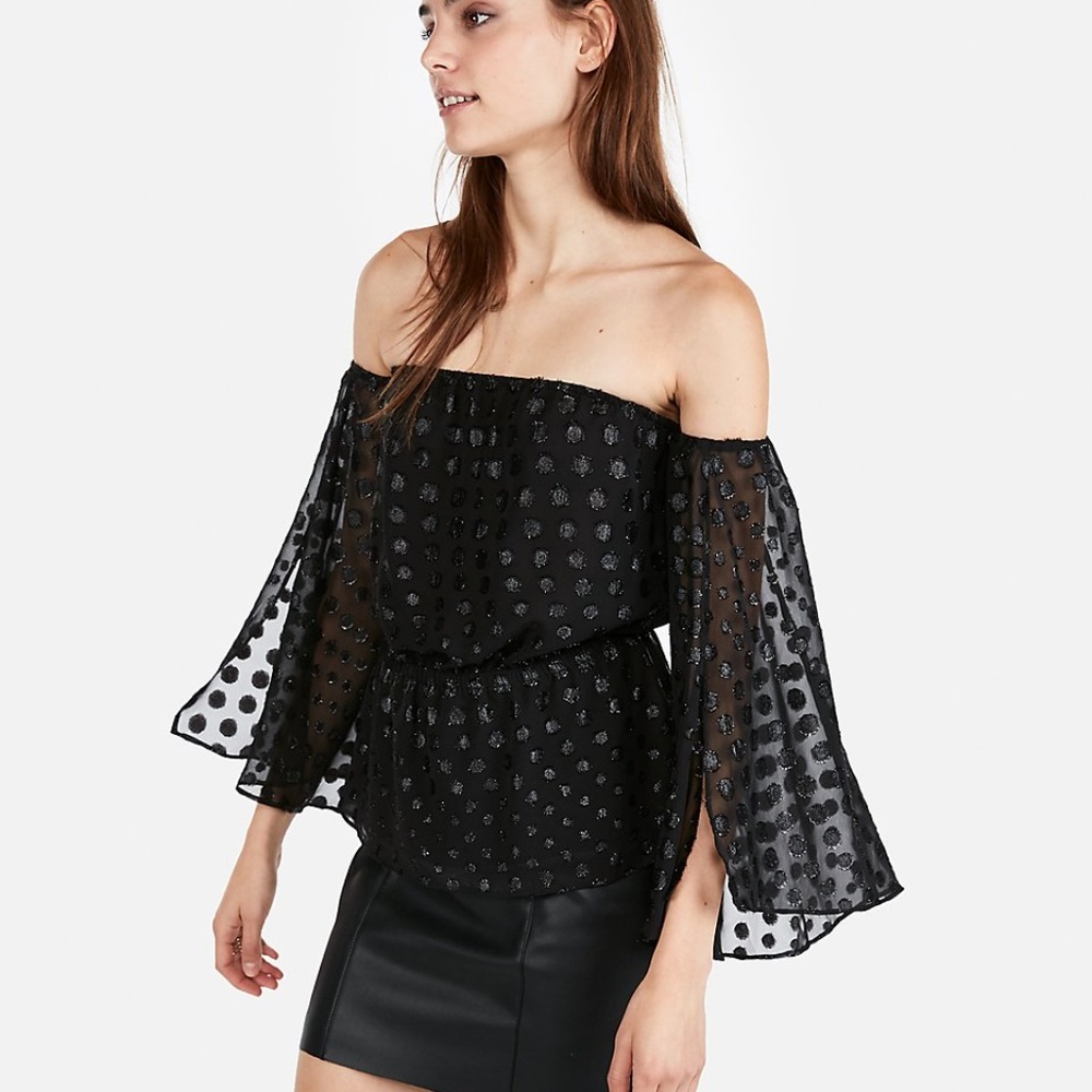 NWT Express Sheer Metallic Dot Off The Shoulder Cold Shoulder Black Top Blouse